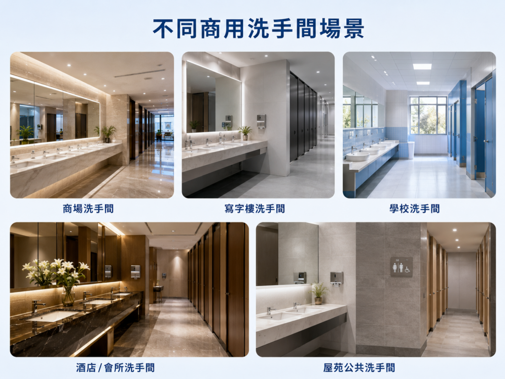 不同商用洗手間場景處理建議，包括商場、寫字樓、學校、酒店及屋苑公共洗手間