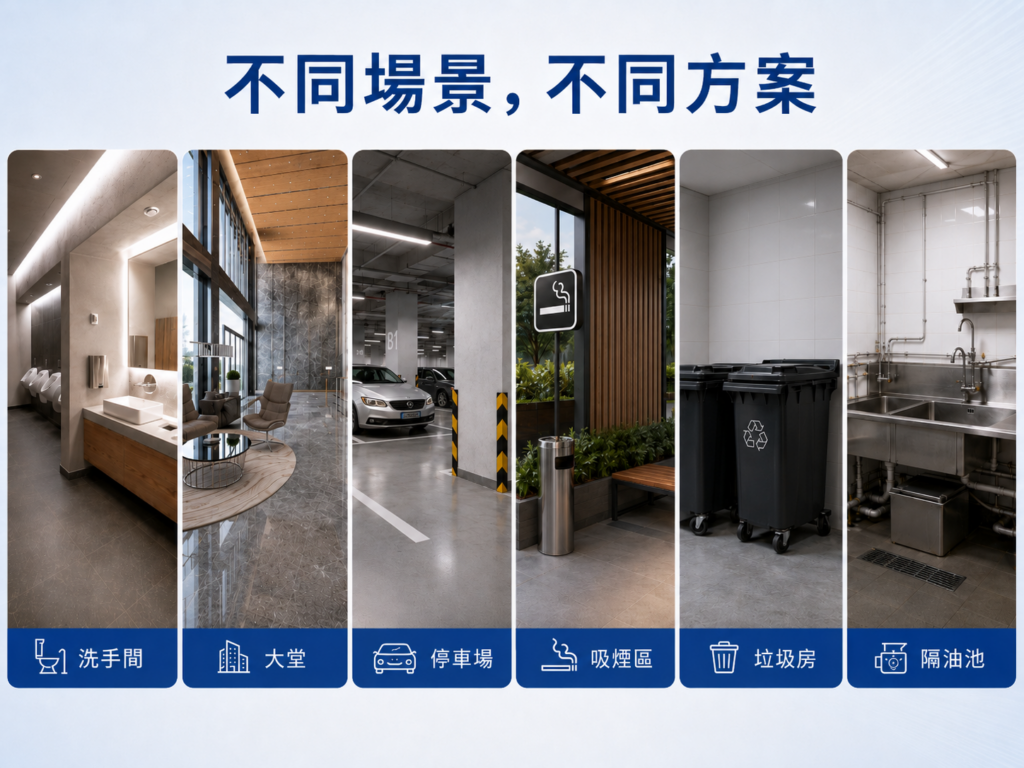 不同商用異味場景處理方案，包括洗手間、垃圾房、吸煙區、酒店及隔油池