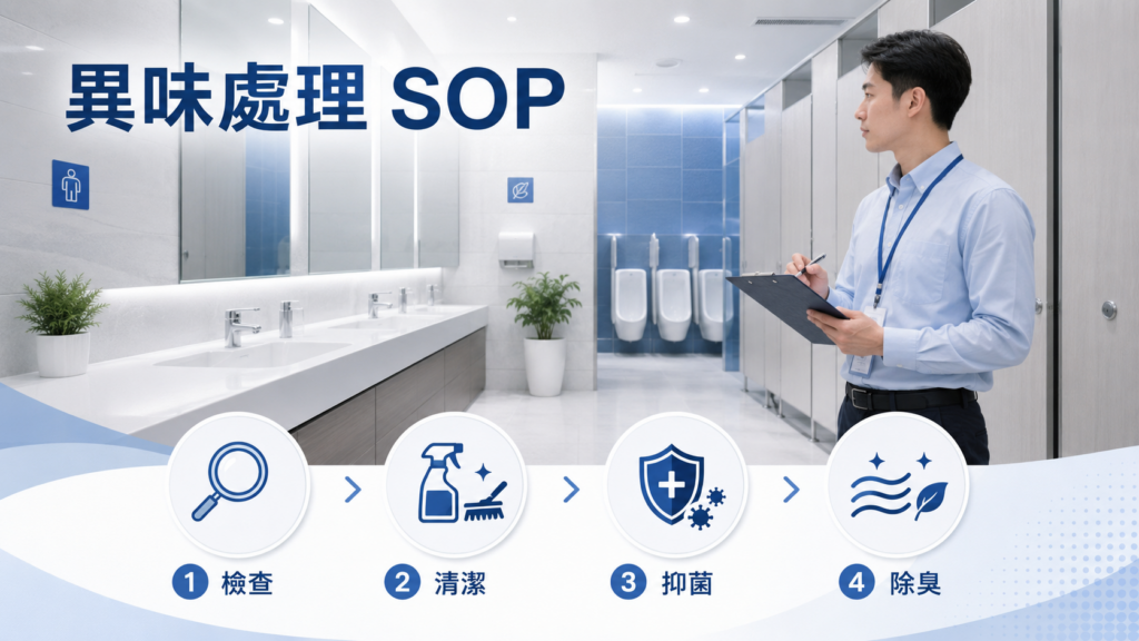 商用洗手間異味處理SOP，包括檢查、清潔、抑菌及除臭流程