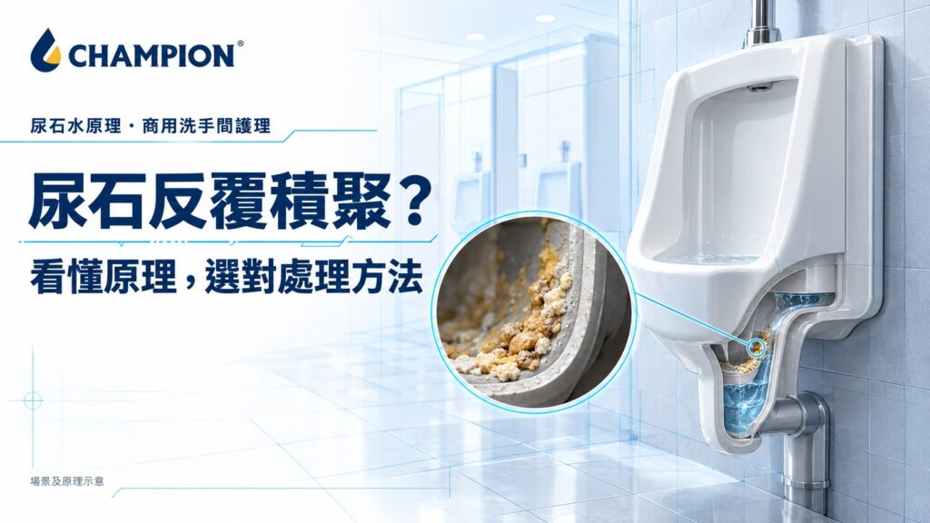 尿石清除原理示意：尿兜、存水彎與管道內的尿石積聚
