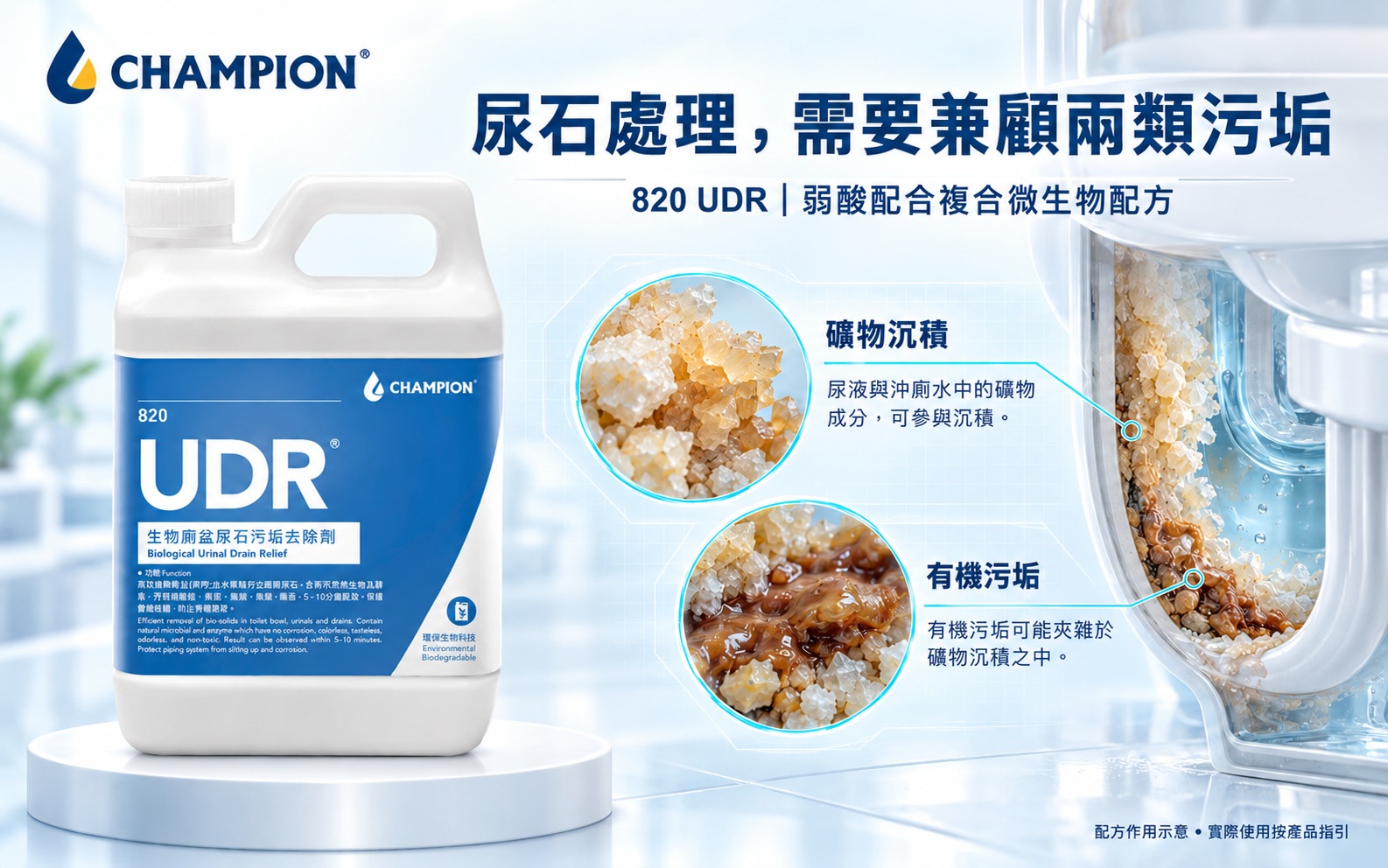 820 UDR 配方處理礦物沉積及有機污垢示意
