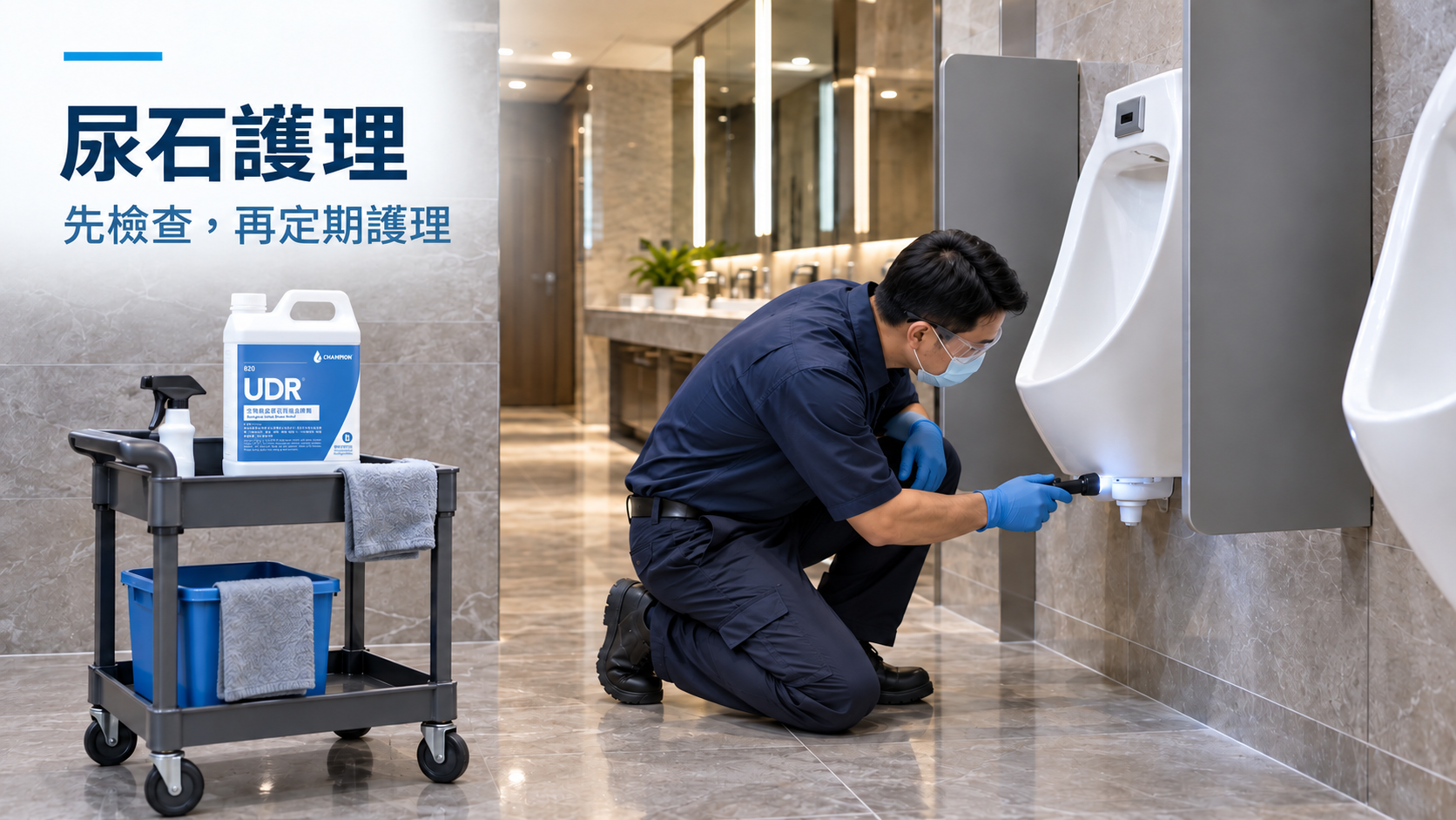 清潔人員檢查尿兜去水位置,規劃 UDR 尿石定期護理