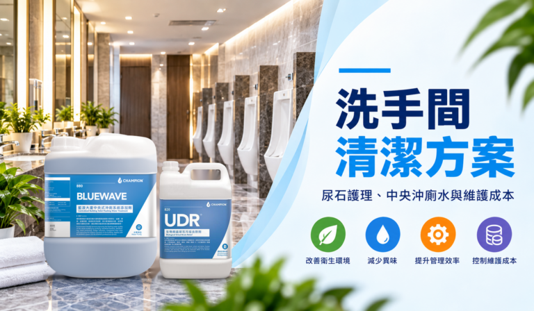 物管及酒店洗手間清潔方案主圖，展示 UDR 與 BLUEWAVE 產品